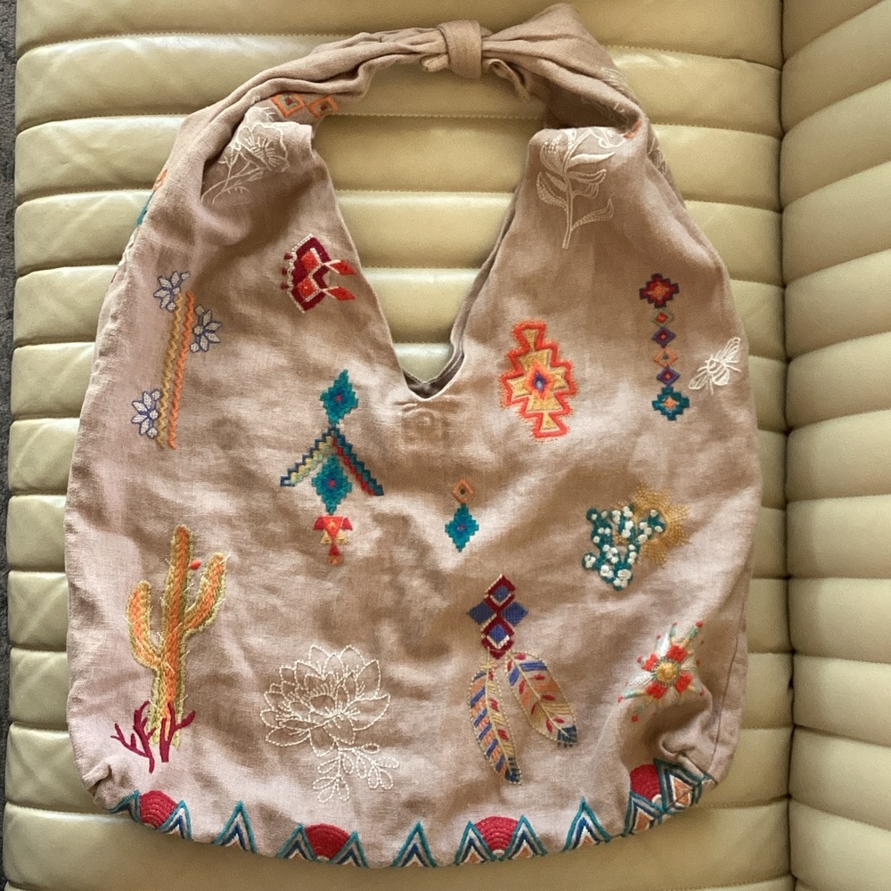 Johnny Was Southwest Multicolor Embroidered Hobo Bag